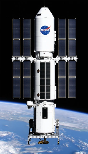 A Large White Space Station With A Blue Logo On Its Side
