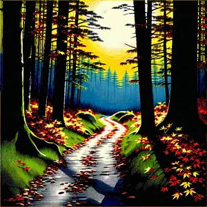 Nature Woodcut Print: Path through autumn woodland