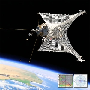 A Large Satellite In Space, With A Distinctive Triangular Shape