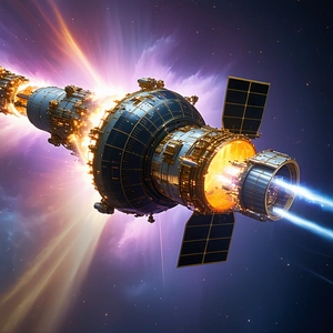 A Spacecraft With A Large, Round, Blue Structure On The Front
