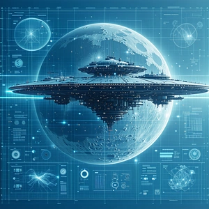 A Futuristic Spacecraft Floating In The Middle Of A Blue