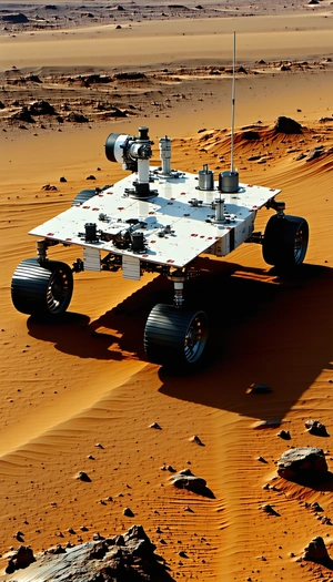 A Large, White, And Red Rover Vehicle Driving Across A Sandy Terrain