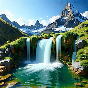Nature Editorial Photography: Waterfall Pool Surrounded By Mountain Peaks With Beautiful Waterfall