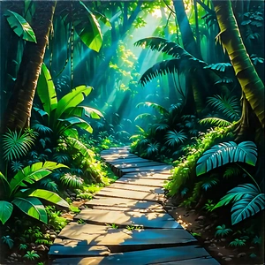 Nature Gouache Painting: Path Through Tropical Jungle With Lush, Green
