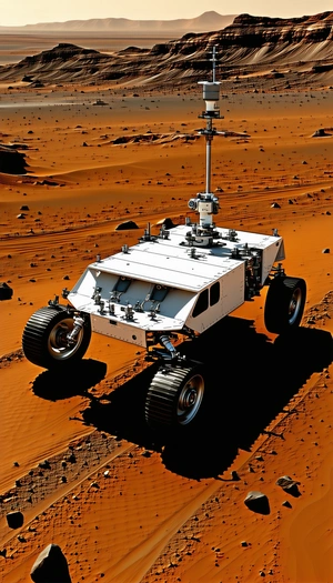 A White Robotic Vehicle, Possibly A Rover, Driving Across A Red Dirt Surface