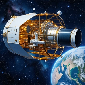 A Spacecraft, Possibly A Rocket Or A Satellite, Flying Through The Sky