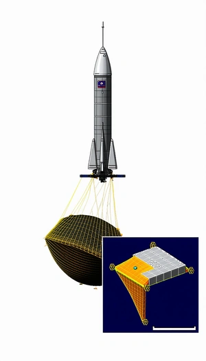 A Large Rocket Is Shown In A 3d Model, With A Smaller Rocket Attached To The Side Of It