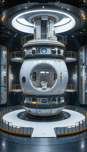 In The Image, There Is A Large White Spacecraft With A Round Shape, Sitting In A Room