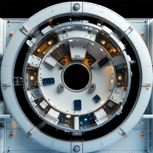The Image Is A 3d Model Of A Space Station, Showcasing Its Interior
