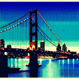 Urban Linocut Print: Iconic Bridge With City Lights With Large Bridge