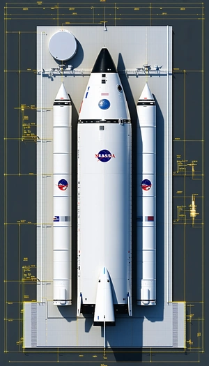 A White Rocket Ship Is Shown In A Drawing, With A Smaller Rocket Ship Attached To The Side Of It