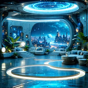 (futuristic:1.41) Tech Startup Office With Futuristic Setting,
