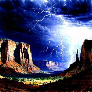 Nature Watercolor Painting: Lightning Over Canyon Floor With Beautiful Landscape