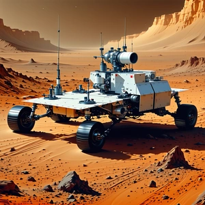 A Futuristic Vehicle, Possibly A Rocket Or A Spacecraft, Parked On A Rocky Surface
