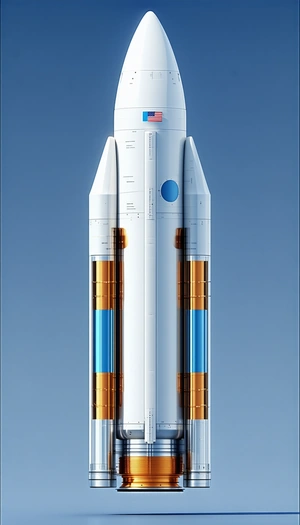 A Large White Rocket Is Shown In A Blue Sky
