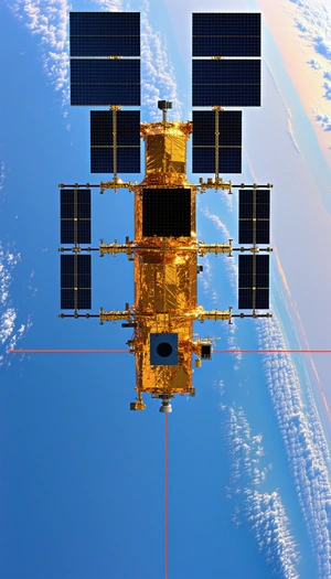 large, gold spacecraft flying through