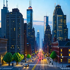 Urban Low Poly: Cityscape Of Downtown District During Sunrise With Model City