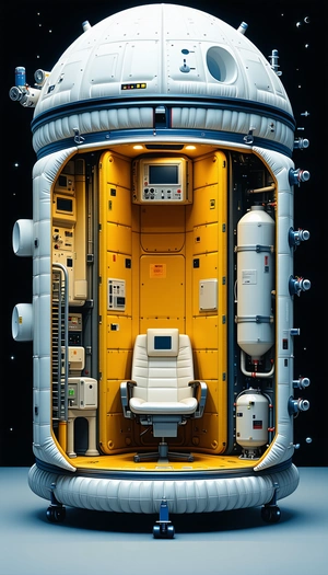 In The Image, There Is A Large, Yellow Spacecraft With A White Chair Inside