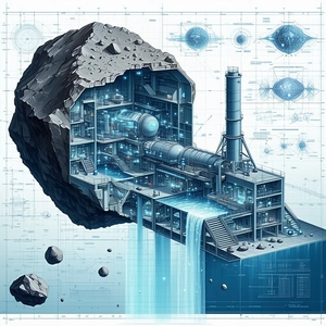 The Image Is A Futuristic Drawing Of A Space Station, Featuring A Large Rock In The Foreground