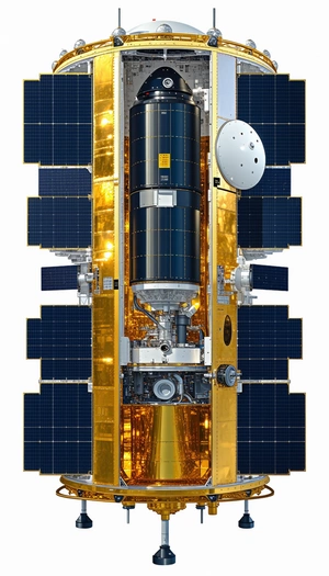 A Spacecraft Is Shown In A Close-up View, With Its Solar Panels And Other Components Clearly Visible