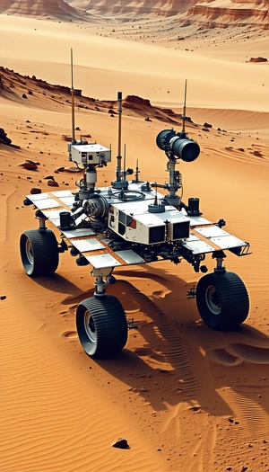 A Large, White, And Silver Robotic Vehicle With A Dune Buggy-like Appearance