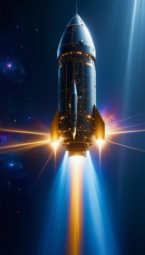 A Rocket Ship Is Shown In A Space Scene, With Its Engine On
