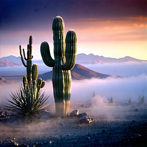 Nature Acrylic Painting: Cactus In Misty Environment With Image, There