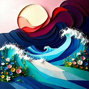 Nature Low Poly: (ocean:1.22) Waves Surrounded By Wildflowers With Beautiful Painting