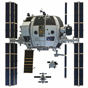 A Large Spacecraft Is Shown In A White And Blue Color Scheme
