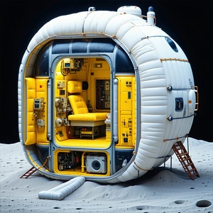 A Large, White, And Yellow Spacecraft With A Hatch Door Open