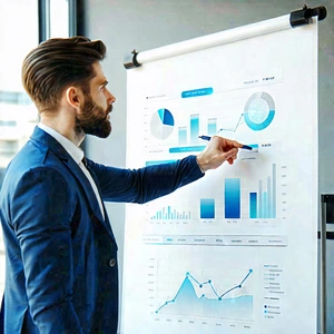 Business Advertising Photography: Finance professional using digital whiteboard