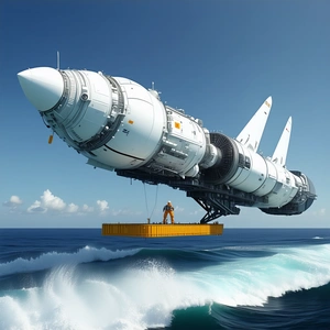 A Large White Space Shuttle Is Flying Over The Ocean, With A Yellow Box On Its Back