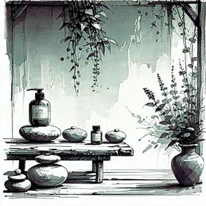 Lifestyle Ink Drawing: Wellness Scene With Aromatherapy With Image, There