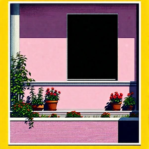 Lifestyle Woodcut Print: Balcony Garden With (minimalist:1.16) Decor With Pink Wall