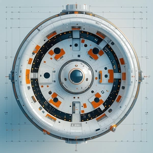 The Image Is A 3d Model Of A Spacecraft, Likely A Space Station, With A Large Central Dome