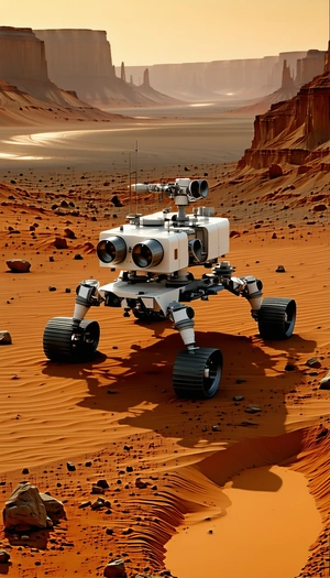 A White Robotic Vehicle, Possibly A Rover, Sitting On A Rocky Surface In A Desert-like Environment