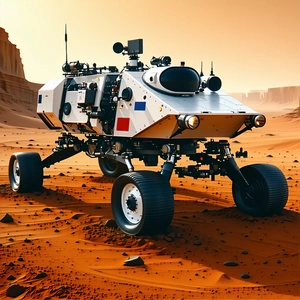 A Futuristic Vehicle, Possibly A Spacecraft Or A Rover, Parked On A Dirt Surface