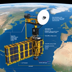 The Image Is A Diagram Of A Spacecraft, Specifically A Satellite, With Various Parts Labeled