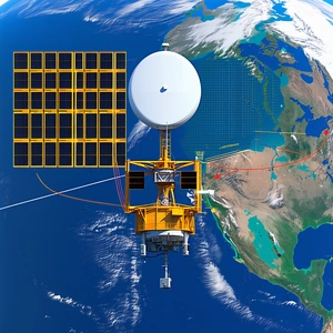 A Large Satellite Dish Floating In The Air Above The Earth