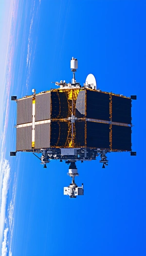 A Spacecraft Is Captured In A Close-up Image, Flying Through The Sky
