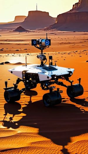 A White Robotic Vehicle, Possibly A Rover, Sitting On A Sandy Surface