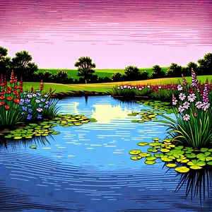 Nature Linocut Print: Tranquil Pond Surrounded By Wildflowers With Serene Scene