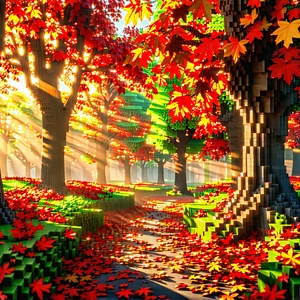 Nature Voxel Art: Autumn Leaves In Sunlit Clearing With Digital Artwork