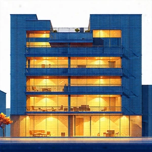 Urban Lithograph: Modern Apartment Complex With Reflective Glass With Blue Yellow