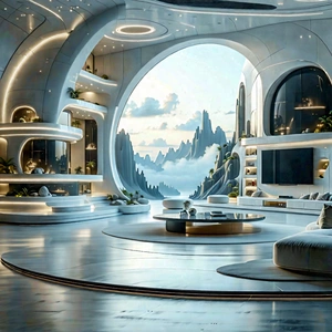 Tech Landscape Photography: (futuristic:1.29) Smart Home With Image, There
