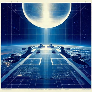 Tech Woodcut Print: Aerospace technology in tech office