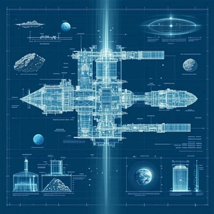 A Blue And White Drawing Of A Space Ship Is Displayed On A Blue Background