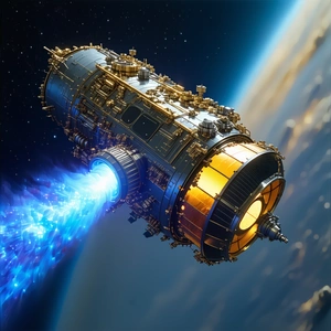 A Large Spacecraft Is Flying Through The Air, With A Bright Blue Light Emanating From Its Underside