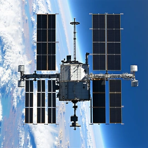 A Space Shuttle With A Large Satellite Dish On Top Of It