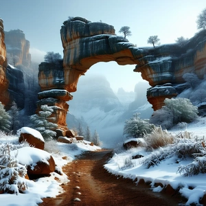 Nature Digital Art: Natural Arch In Winter (snow:1.28) With Beautiful Rock